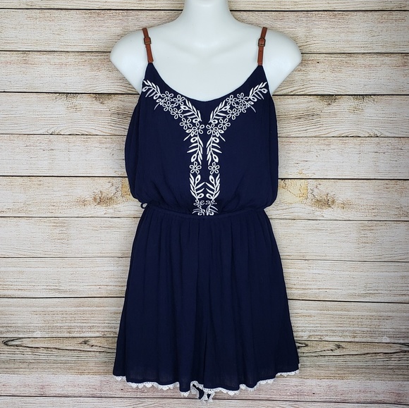 Double Zero Pants - Double Zero Blue Embroidered Leather Strap Romper